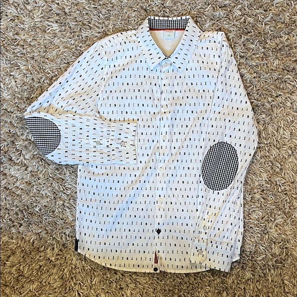 White Button-Up Shirt with chess piece Pattern